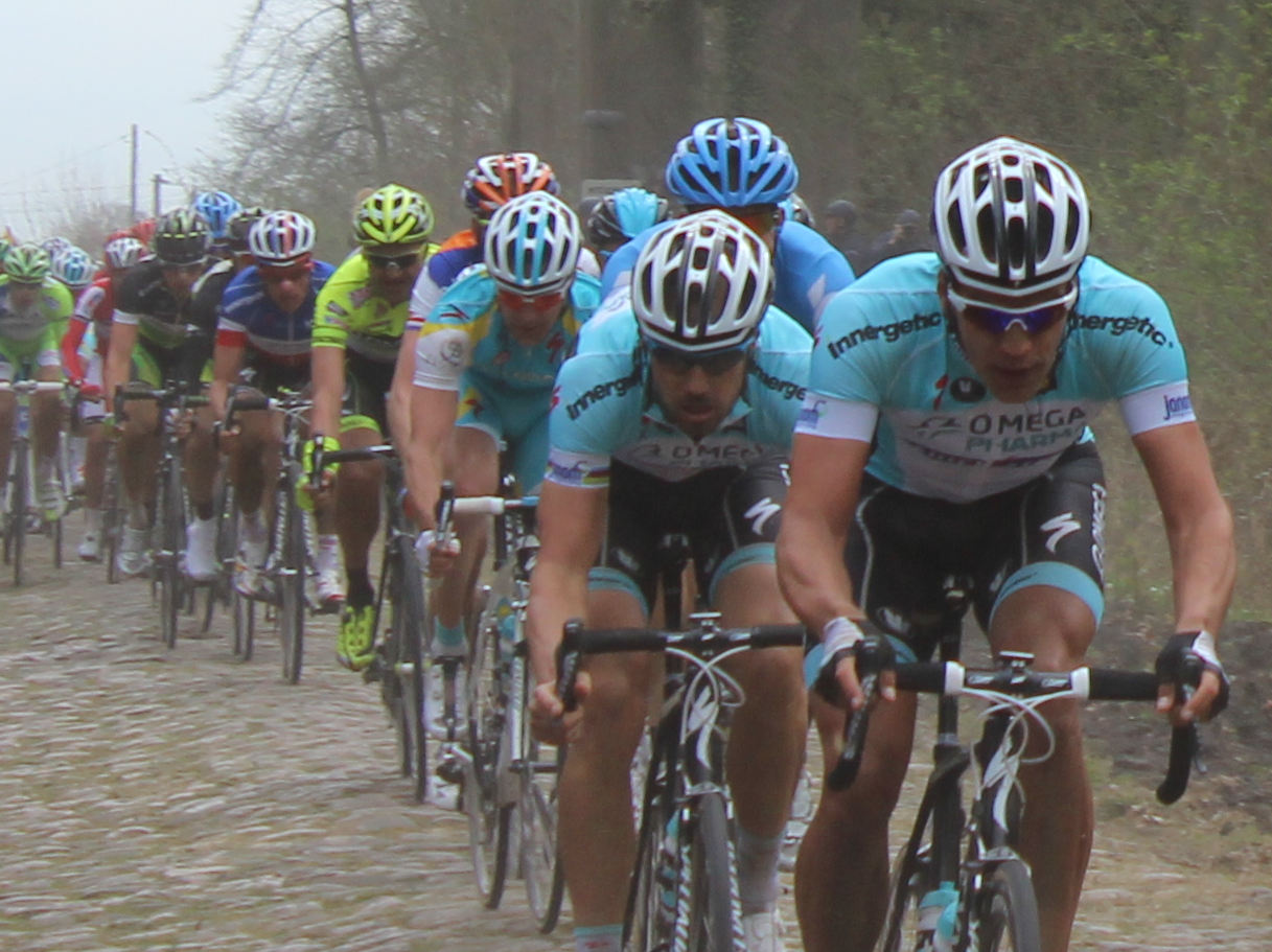 The peloton on the cobbles during Paris-Roubaix 2012.