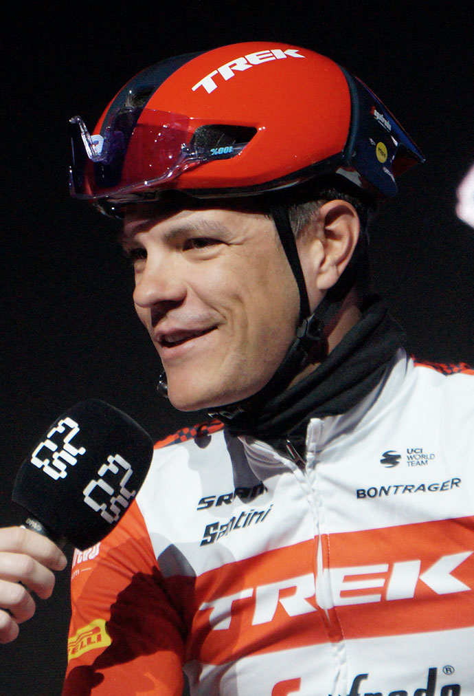 Jasper Stuyven at the 2023 Omloop Het Nieuwsblad team presentation.