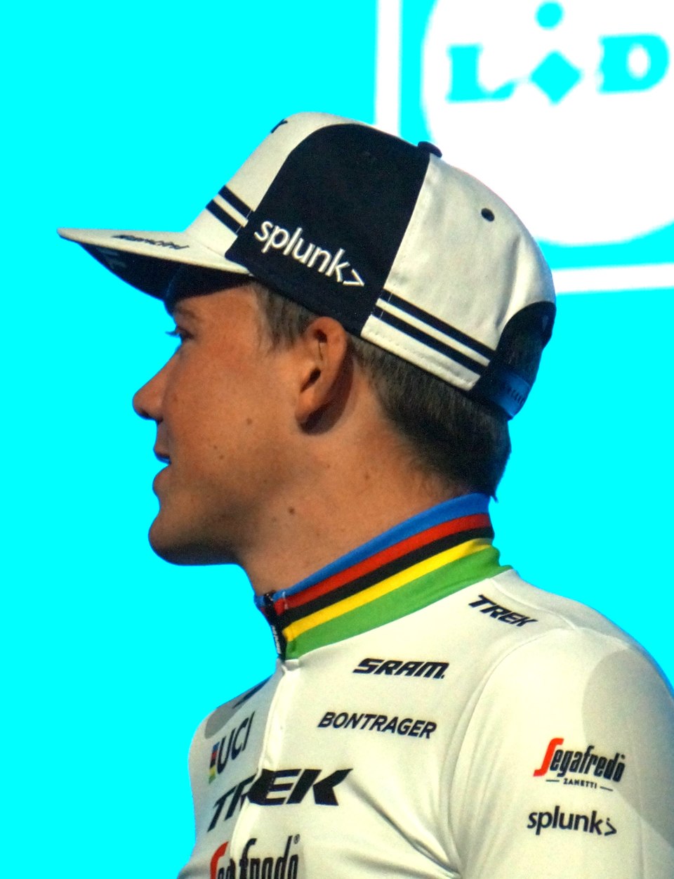 Mads Pedersen at the 2020 Omloop Het Nieuwsblad team presentation.