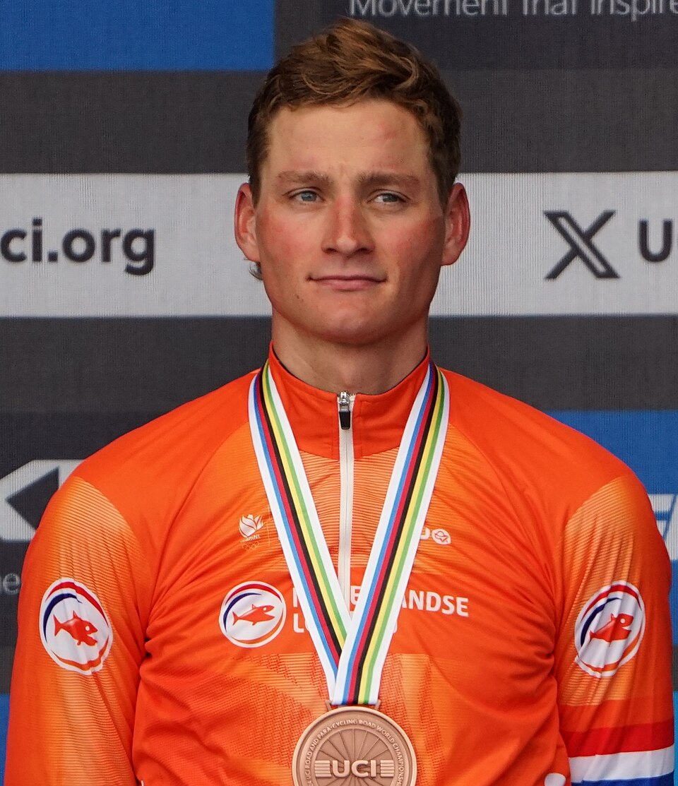 Mathieu van der Poel at the 2024 road world championships medal ceremony.