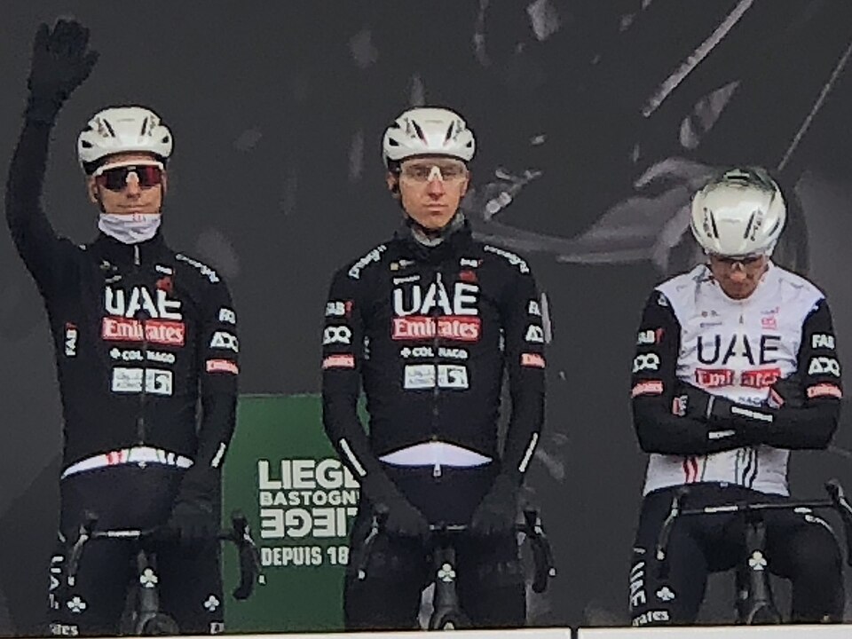 Tadej Pogačar, the GOAT, at the 2024 Liège-Bastogne-Liège team presentation.