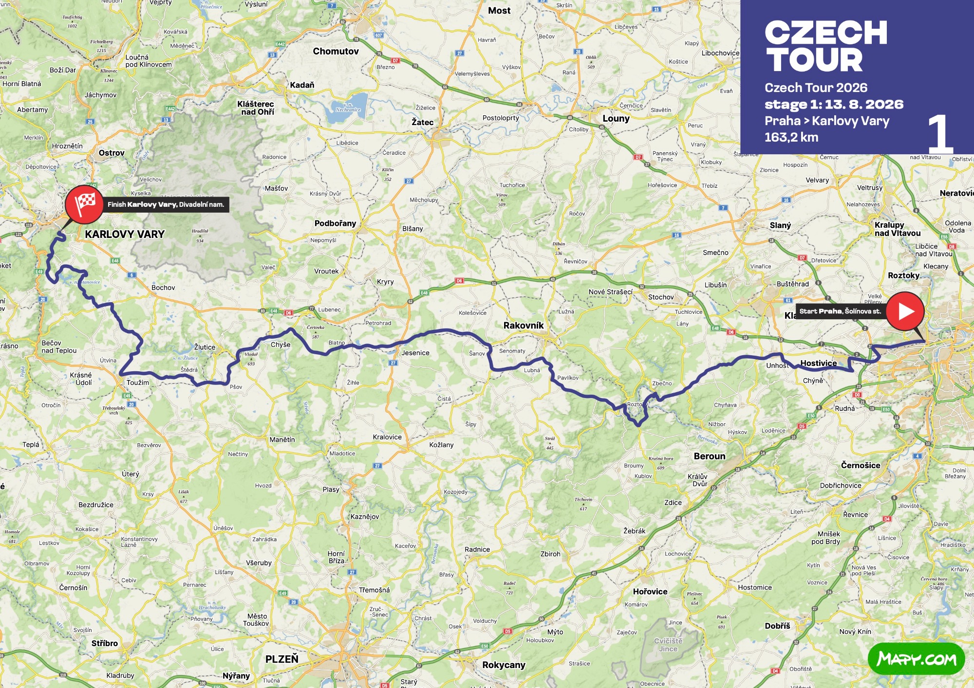 Official Czech Tour 2026 stage 1 map-and-profile board for Prague (Vítězné náměstí) to Karlovy Vary.