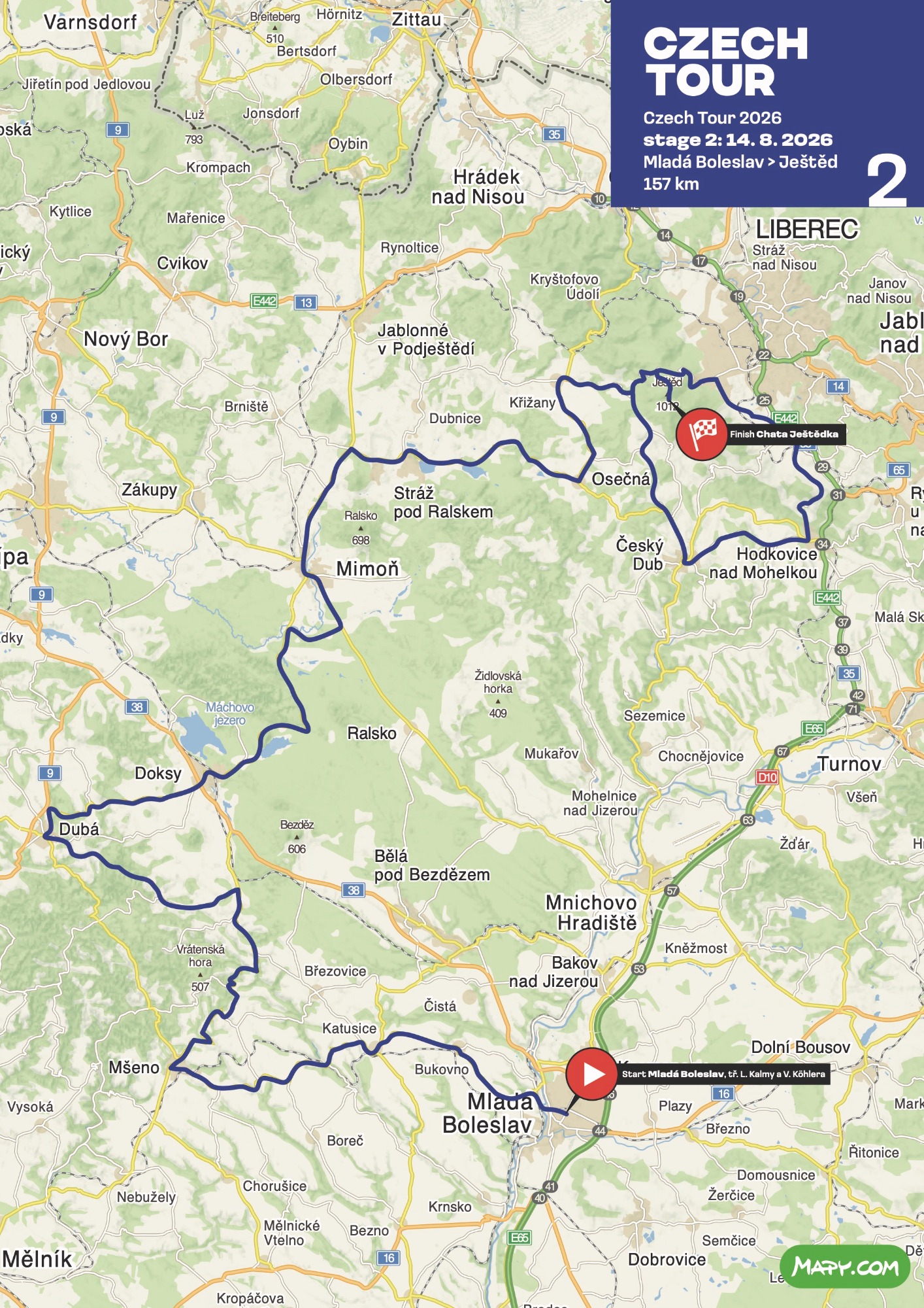 Official Czech Tour 2026 stage 2 map-and-profile board for Mladá Boleslav to Ještěd (Liberec).