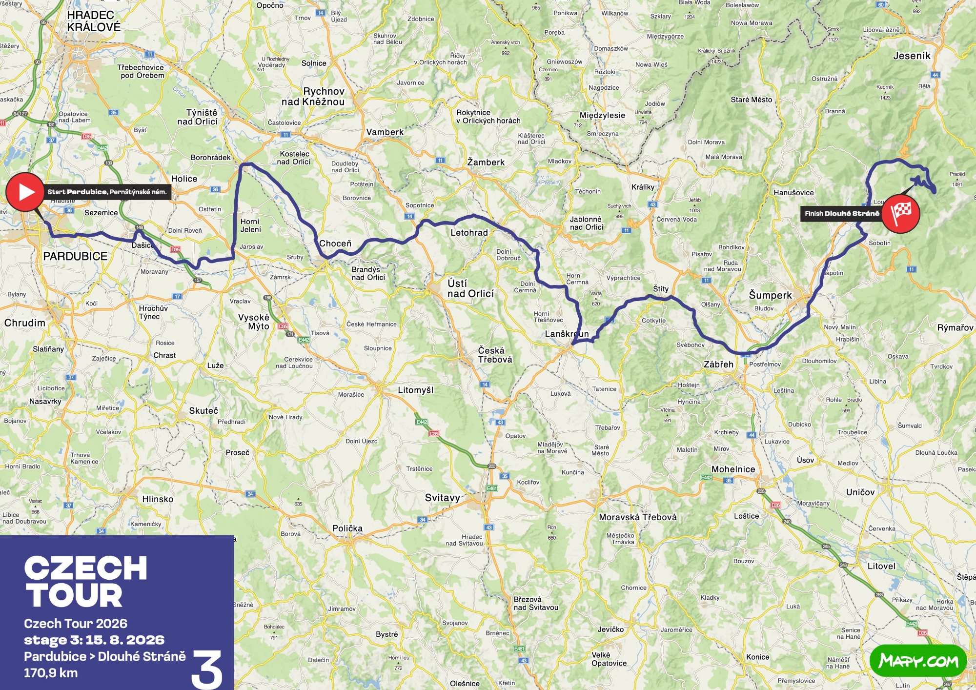 Official Czech Tour 2026 stage 3 map-and-profile board for Pardubice to Dlouhé stráně.