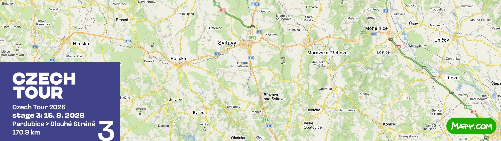 Official Czech Tour 2026 stage 3 elevation-profile crop from the organizer map-and-profile board for Pardubice to Dlouhé stráně.