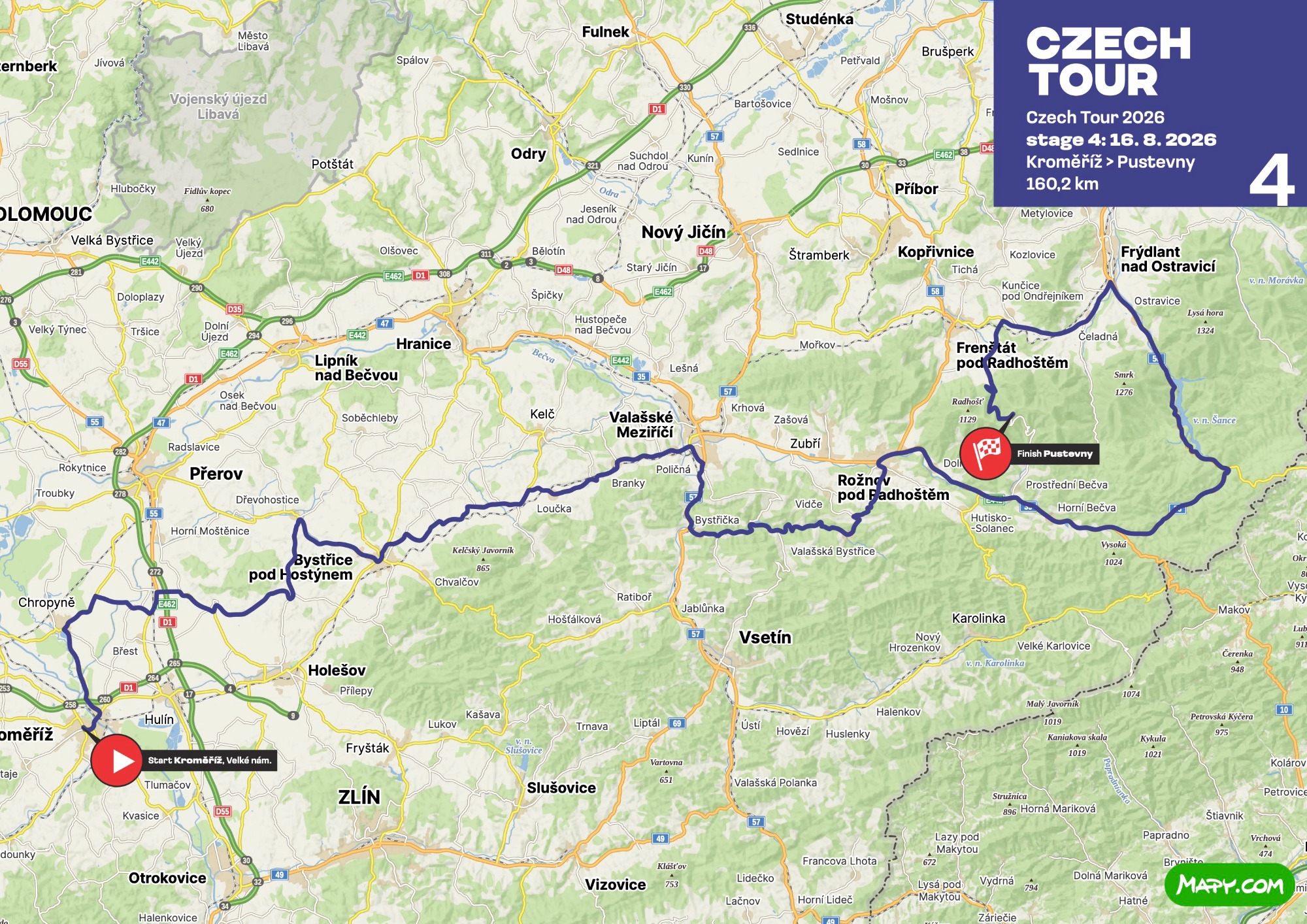 Official Czech Tour 2026 stage 4 map-and-profile board for Kroměříž to Pustevny.