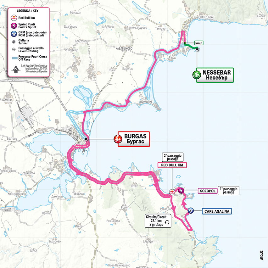 Official Giro d'Italia 2026 stage 1 map for Nessebar to Burgas.
