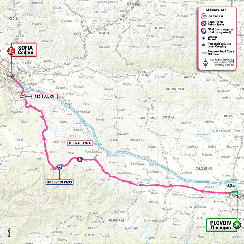 Official Giro d'Italia 2026 stage 3 map for Plovdiv to Sofia.