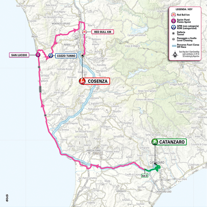 Official Giro d'Italia 2026 stage 4 map for Catanzaro to Cosenza.