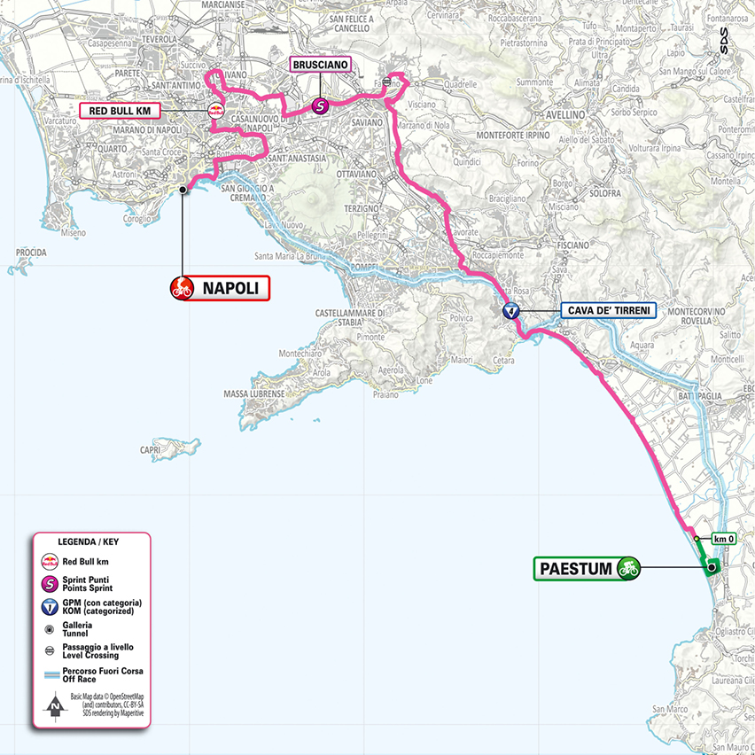 Official Giro d'Italia 2026 stage 6 map for Paestum to Napoli.