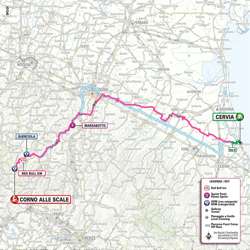 Official Giro d'Italia 2026 stage 9 map for Cervia to Corno alle Scale.