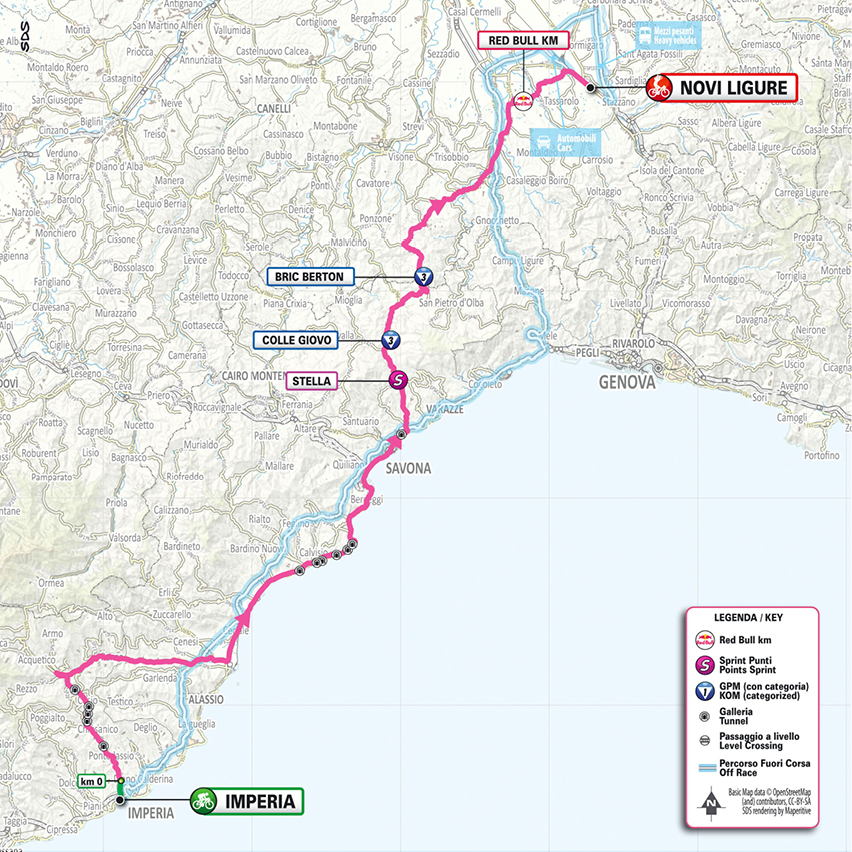 Official Giro d'Italia 2026 stage 12 map for Imperia to Novi Ligure.