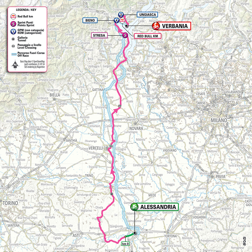 Official Giro d'Italia 2026 stage 13 map for Alessandria to Verbania.