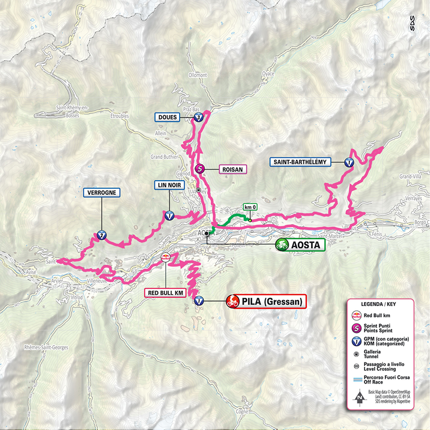 Official Giro d'Italia 2026 stage 14 map for Aosta to Pila (Gressan).