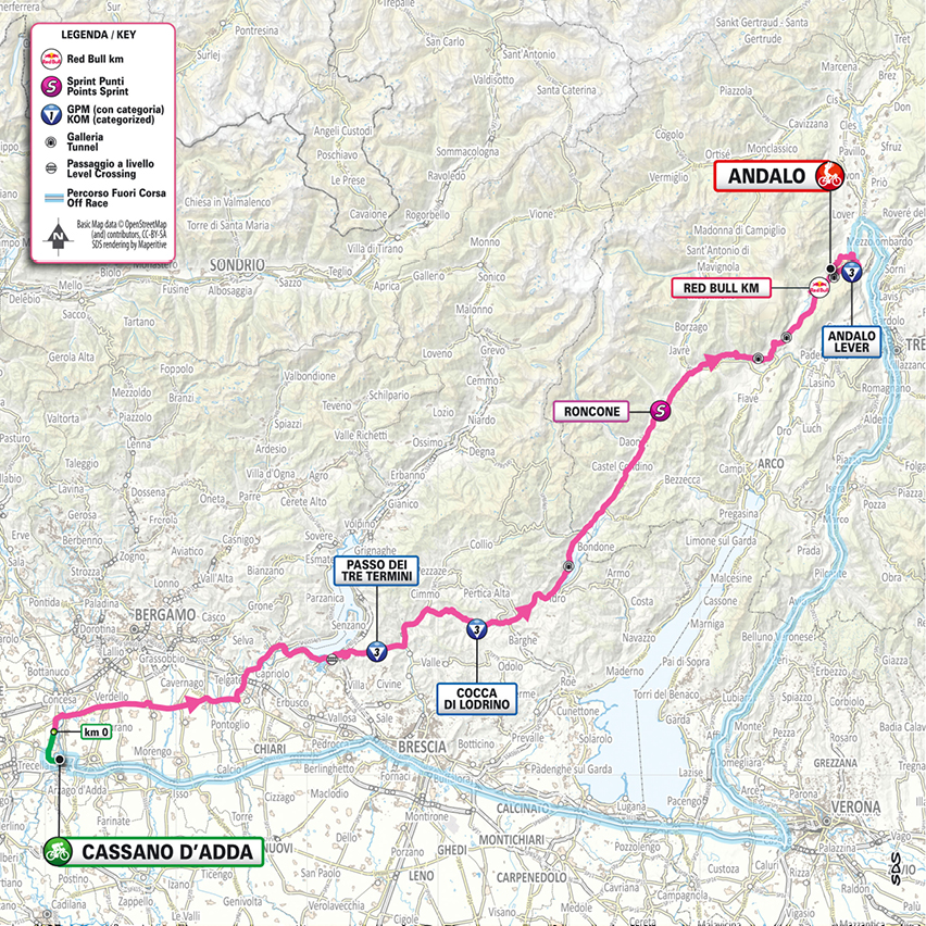 Official Giro d'Italia 2026 stage 17 map for Cassano d'Adda to Andalo.