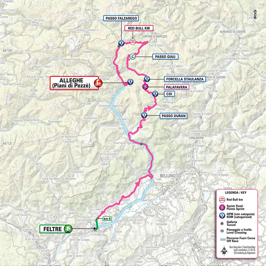 Official Giro d'Italia 2026 stage 19 map for Feltre to Alleghe (Piani di Pezzè).