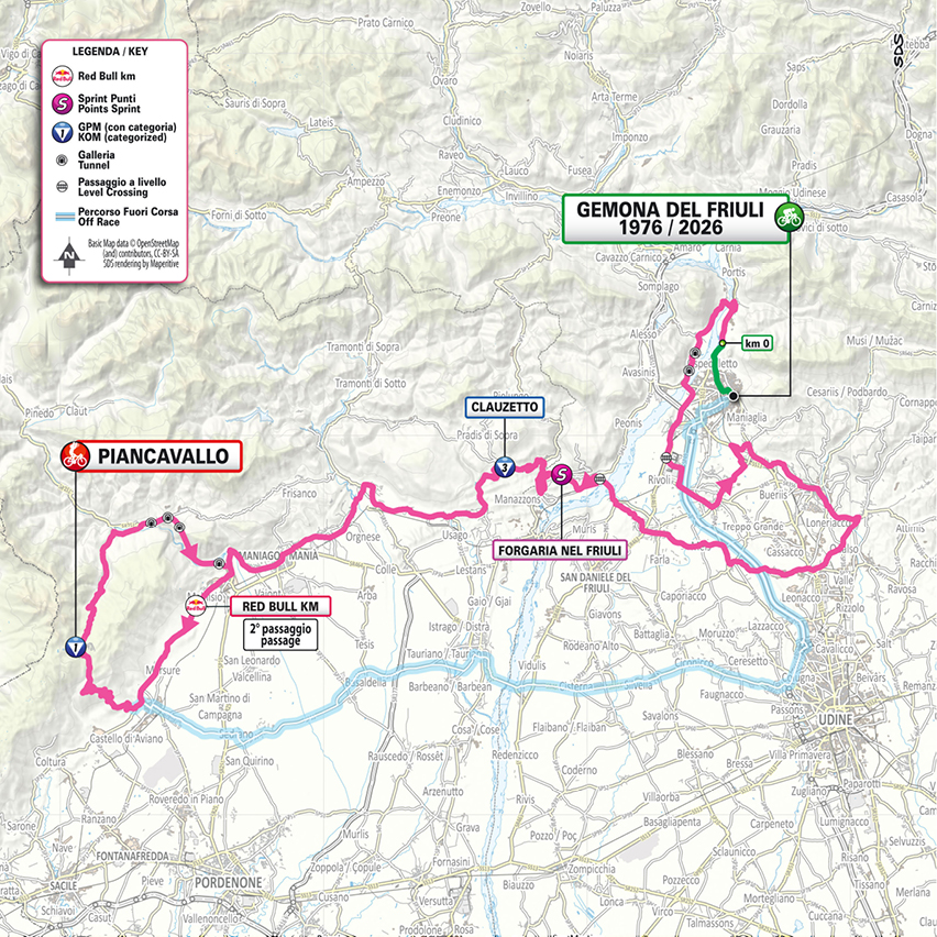 Official Giro d'Italia 2026 stage 20 map for Gemona del Friuli 1976-2026 to Piancavallo.