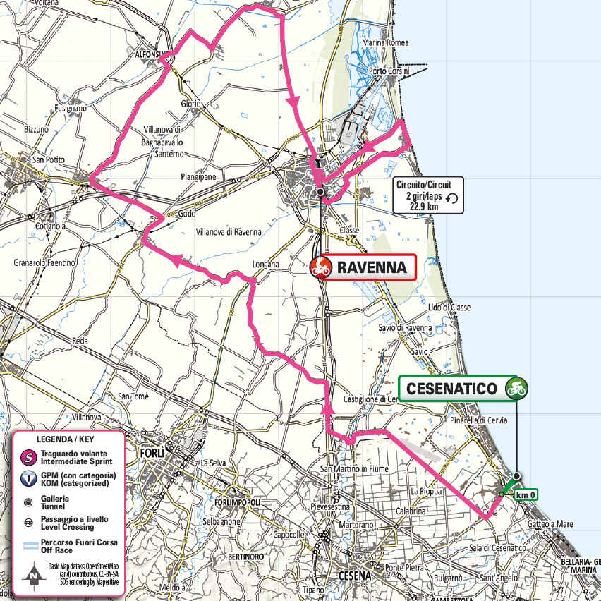 Official Giro d'Italia Women 2026 stage 1 map for Cesenatico to Ravenna.