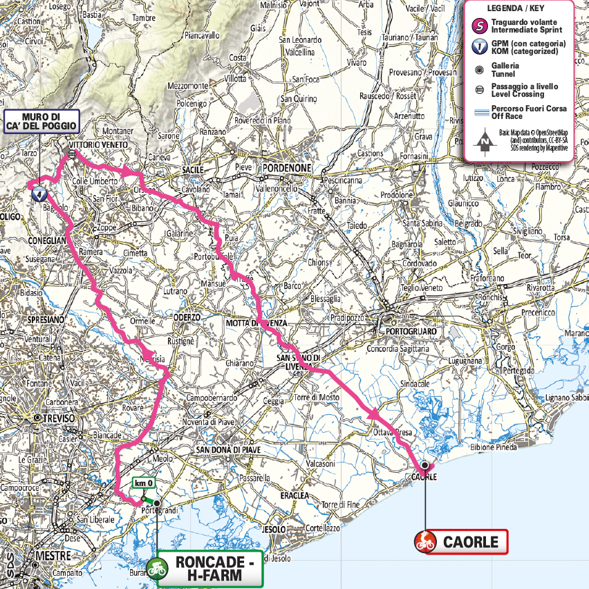 Official Giro d'Italia Women 2026 stage 2 map for Roncade to Caorle.
