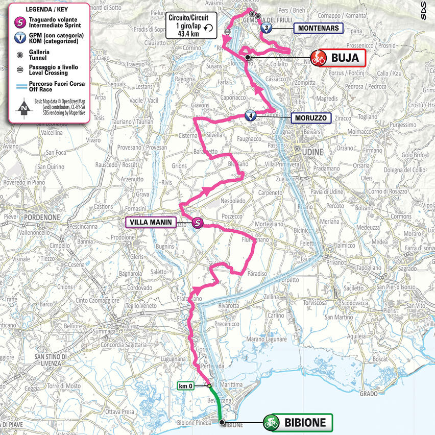 Official Giro d'Italia Women 2026 stage 3 map for Bibione to Buja.