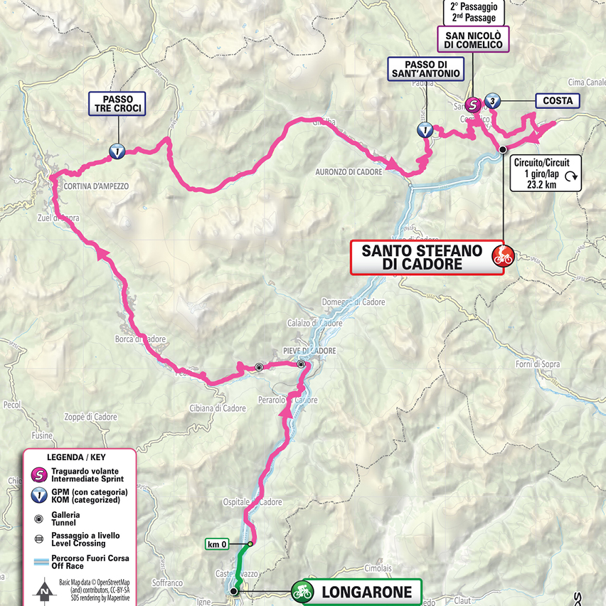 Official Giro d'Italia Women 2026 stage 5 map for Longarone to Santo Stefano di Cadore.