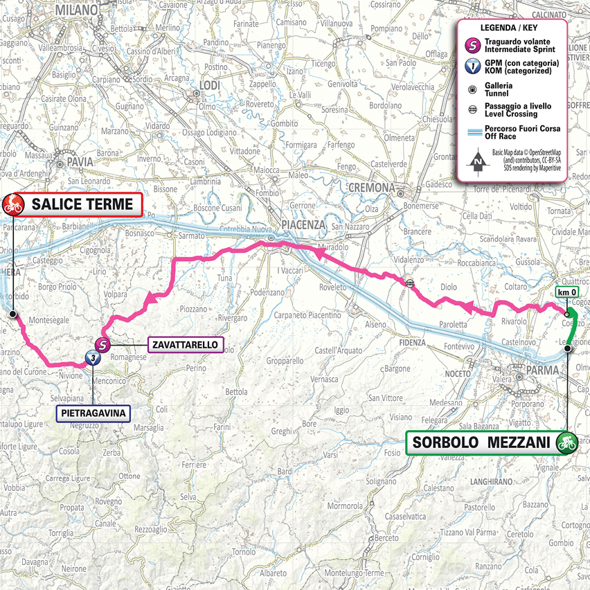 Official Giro d'Italia Women 2026 stage 7 map for Sorbolo Mezzani to Salice Terme.