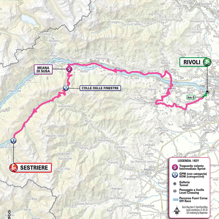 Official Giro d'Italia Women 2026 stage 8 map for Rivoli to Sestriere.