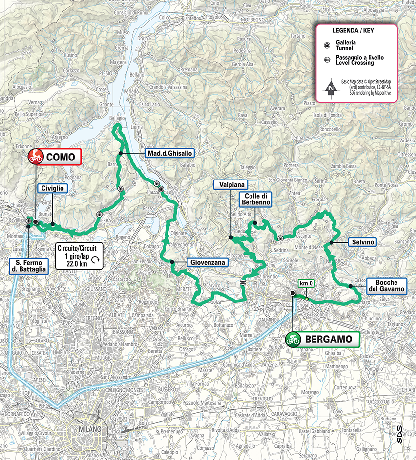 Official Il Lombardia 2026 route map for Bergamo to Como.