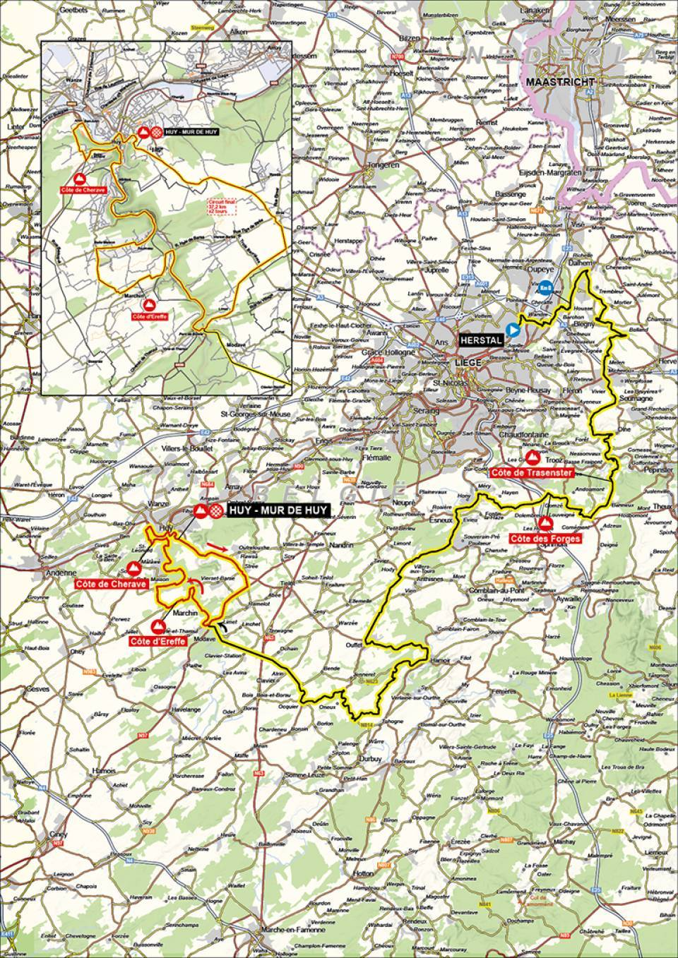 Official La Flèche Wallonne 2026 stage map for Herstal to Mur de Huy.