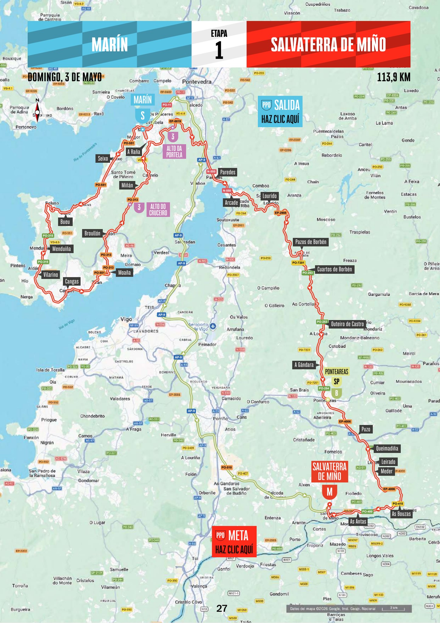 Official La Vuelta Femenina 2026 Stage 1 map from Marín to Salvaterra de Miño.
