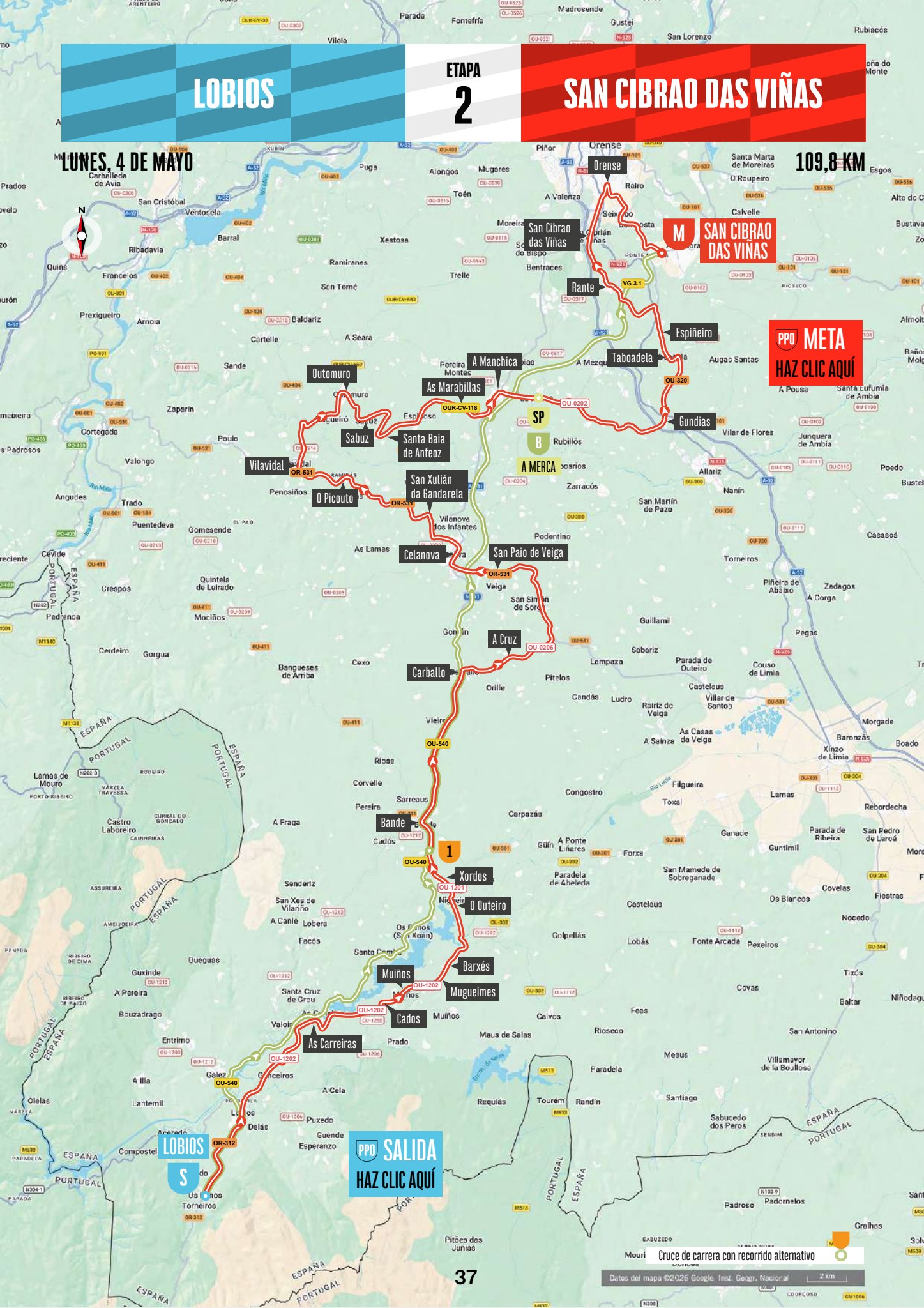Official La Vuelta Femenina 2026 Stage 2 map from Lobios to San Cibrao das Viñas.