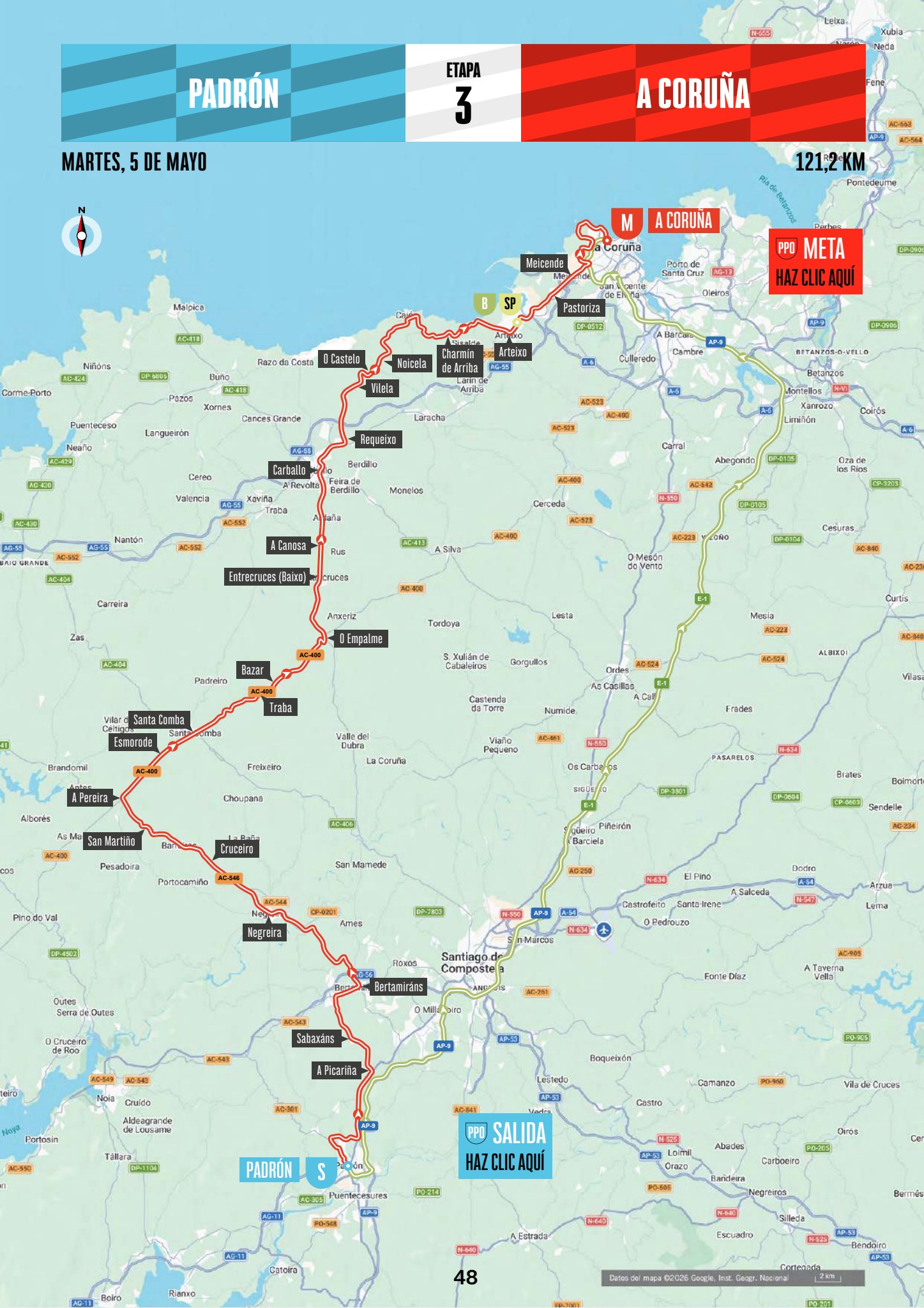 Official La Vuelta Femenina 2026 Stage 3 map from Padrón to A Coruña.