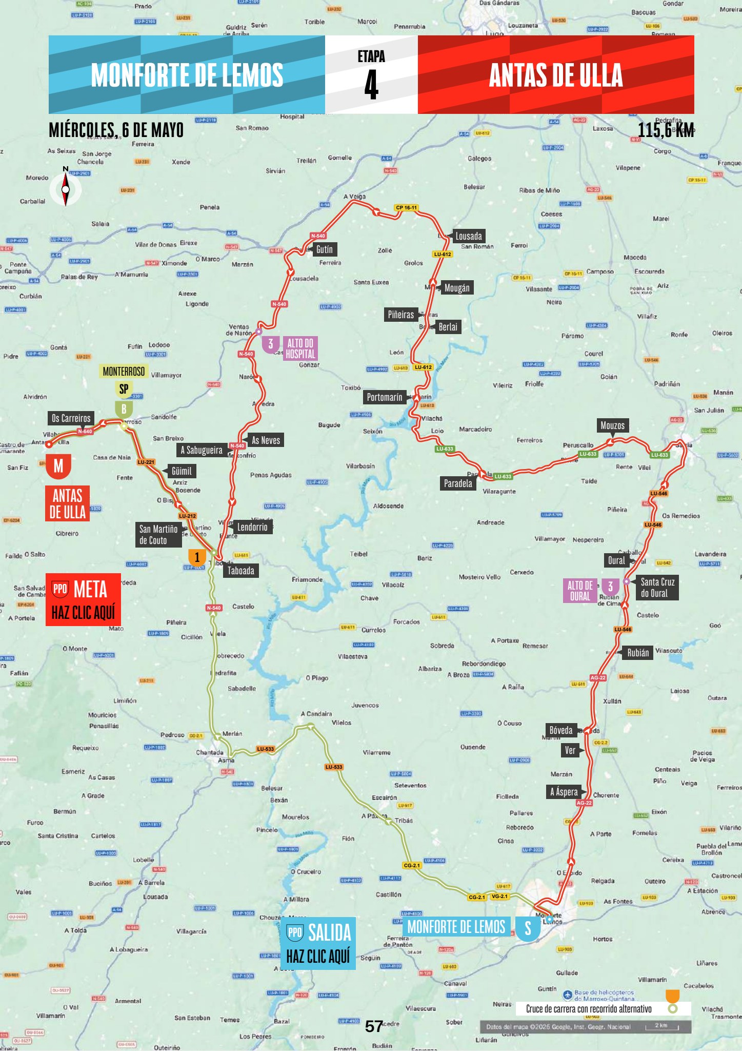 Official La Vuelta Femenina 2026 Stage 4 map from Monforte de Lemos to Antas de Ulla.