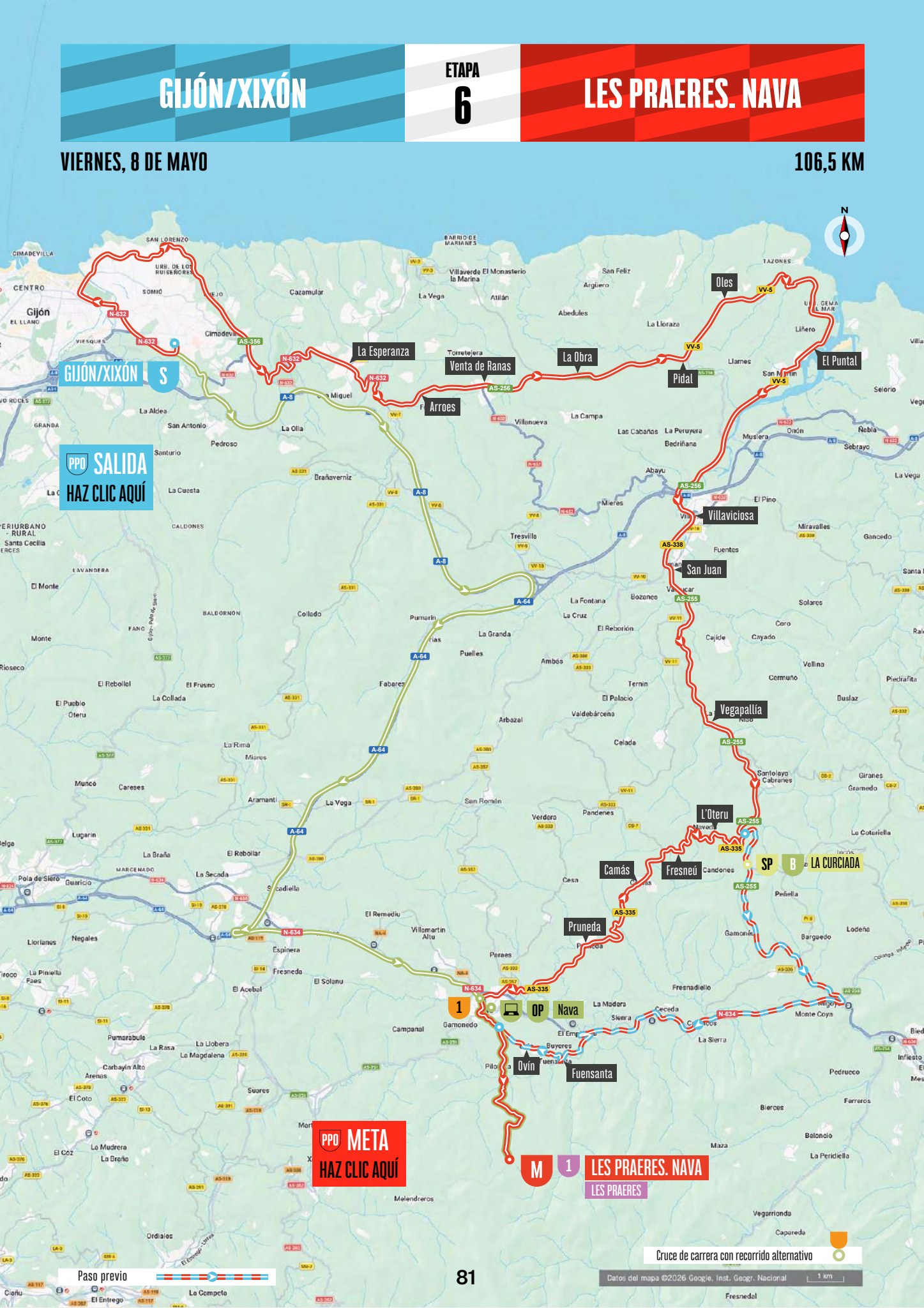 Official La Vuelta Femenina 2026 Stage 6 map from Gijón/Xixón to Les Praeres. Nava.