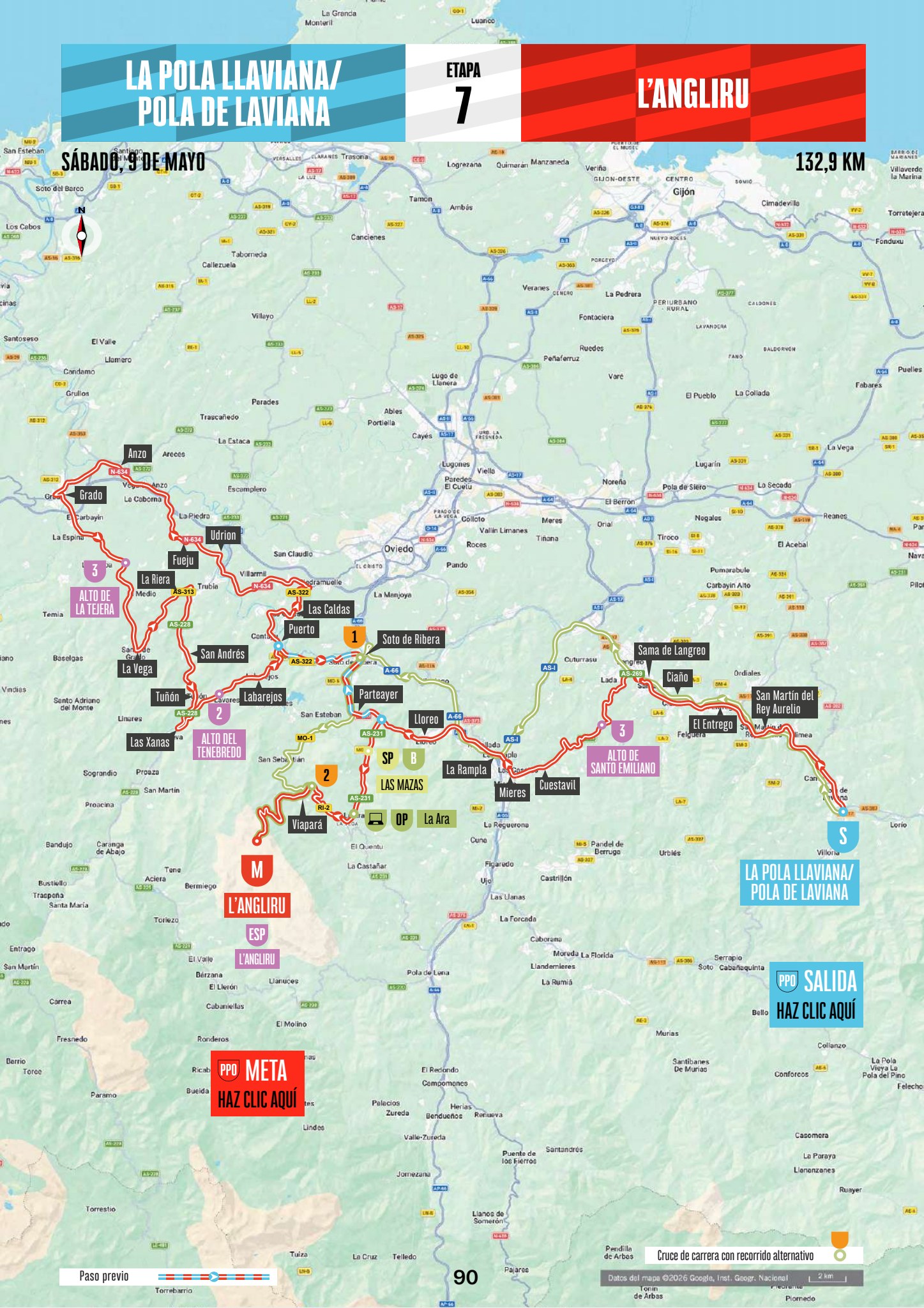 Official La Vuelta Femenina 2026 Stage 7 map from La Pola Llaviana/Pola de Laviana to L'Angliru.