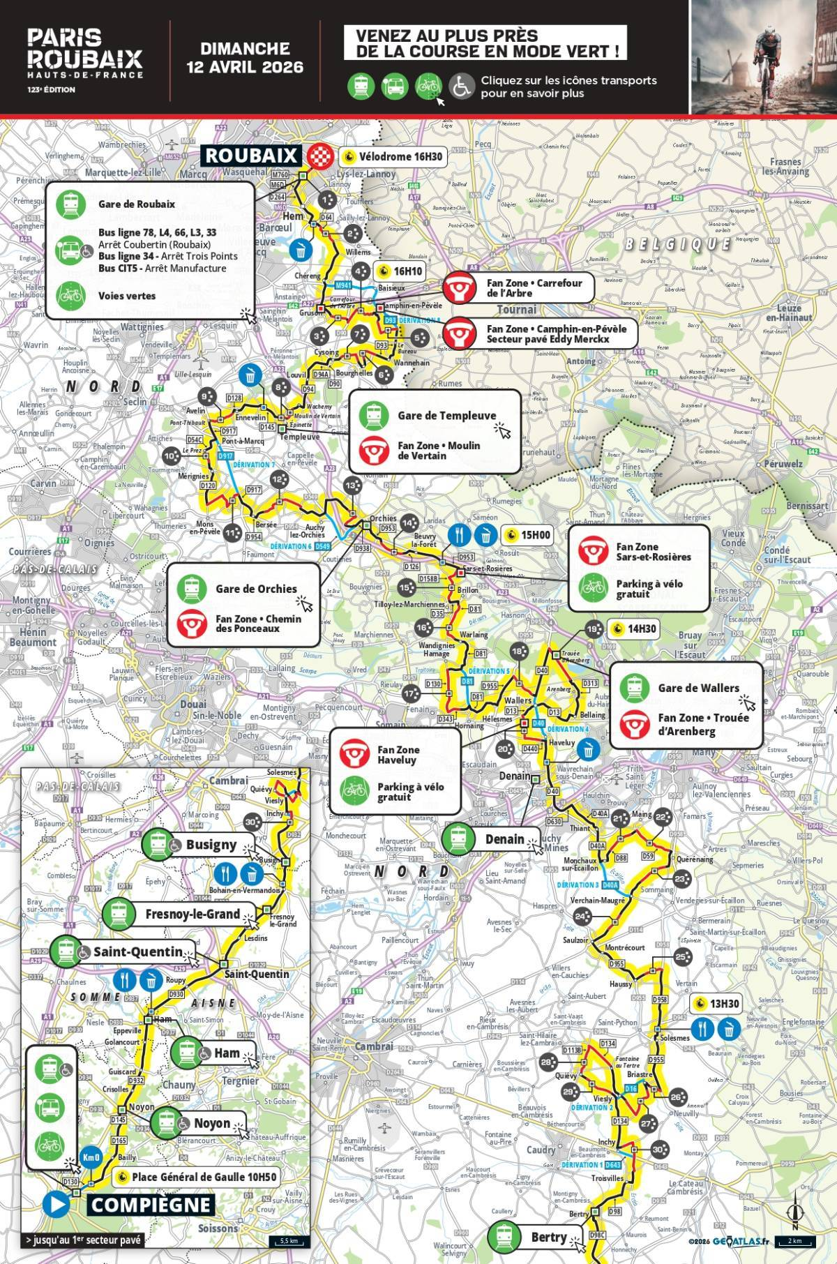 Official Paris-Roubaix 2026 stage map for Compiègne to Roubaix.
