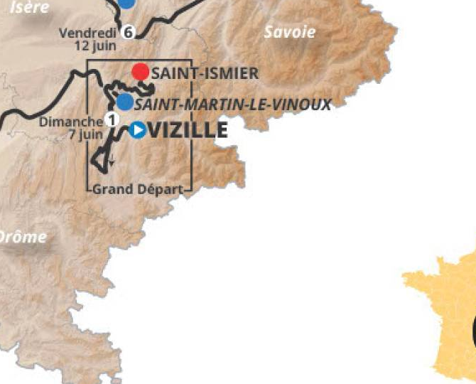 Official Tour Auvergne-Rhone-Alpes 2026 stage 1 map for Vizille to Saint-Ismier.