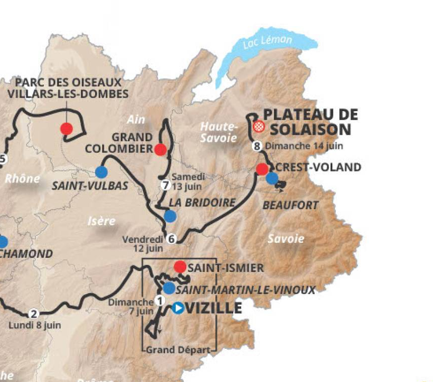 Official Tour Auvergne-Rhone-Alpes 2026 stage 6 map for Saint-Vulbas to Crest-Voland.