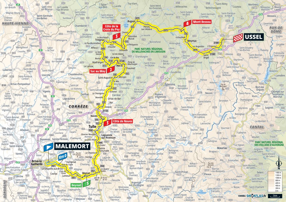Official Tour de France 2026 stage 9 map for Malemort to Ussel.