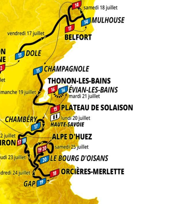 Official Tour de France 2026 stage 16 map for Évian-les-Bains to Thonon-les-Bains.