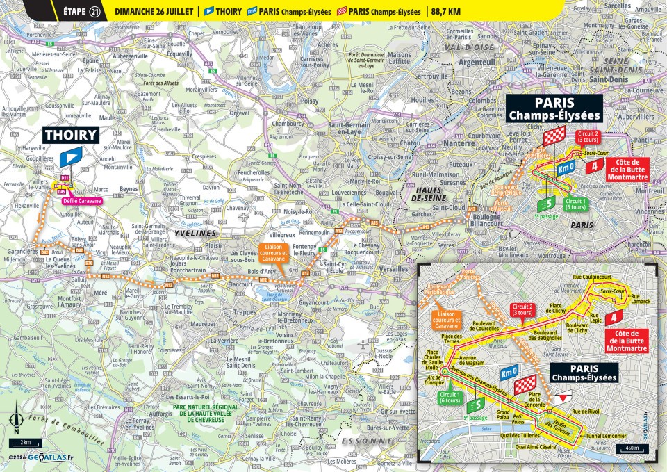 Official Tour de France 2026 stage 21 map for Thoiry to Paris Champs-Élysées.