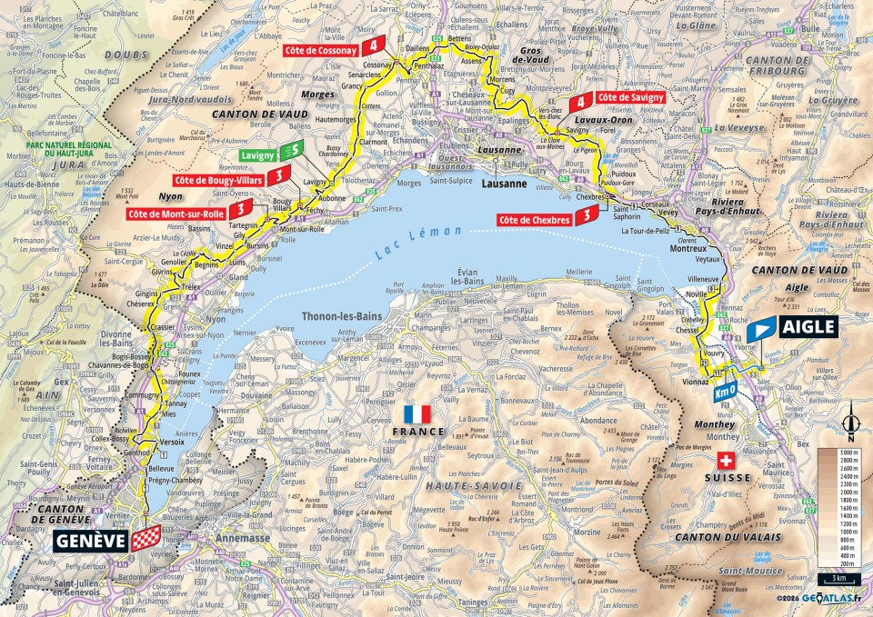 Official Tour de France Femmes 2026 stage 2 map for Aigle to Genève.