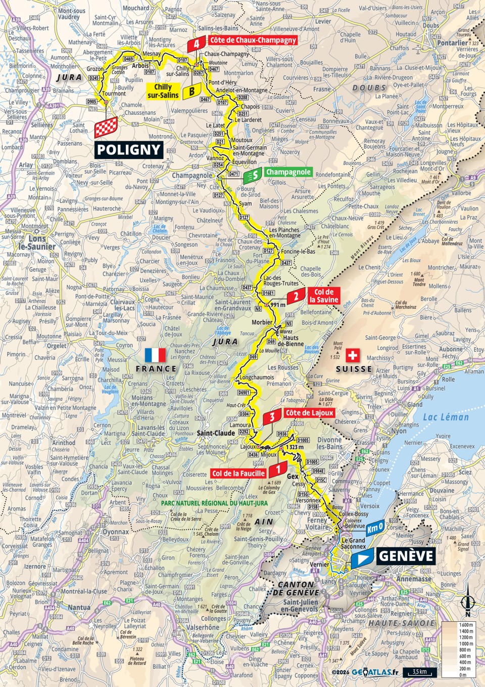 Official Tour de France Femmes 2026 stage 3 map for Genève to Poligny.