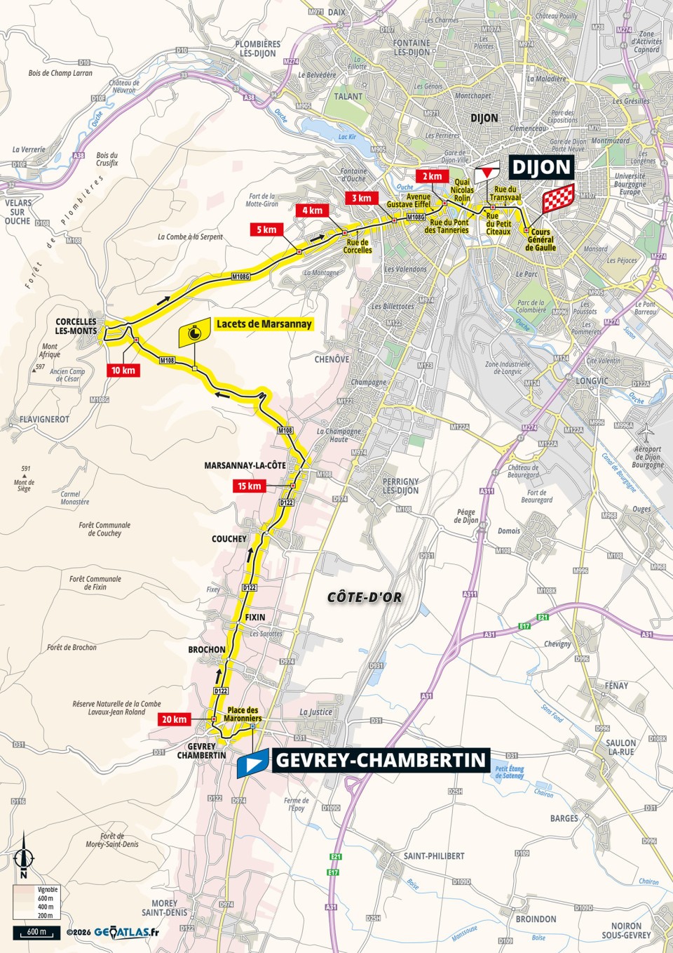 Official Tour de France Femmes 2026 stage 4 map for Gevrey-Chambertin to Dijon.