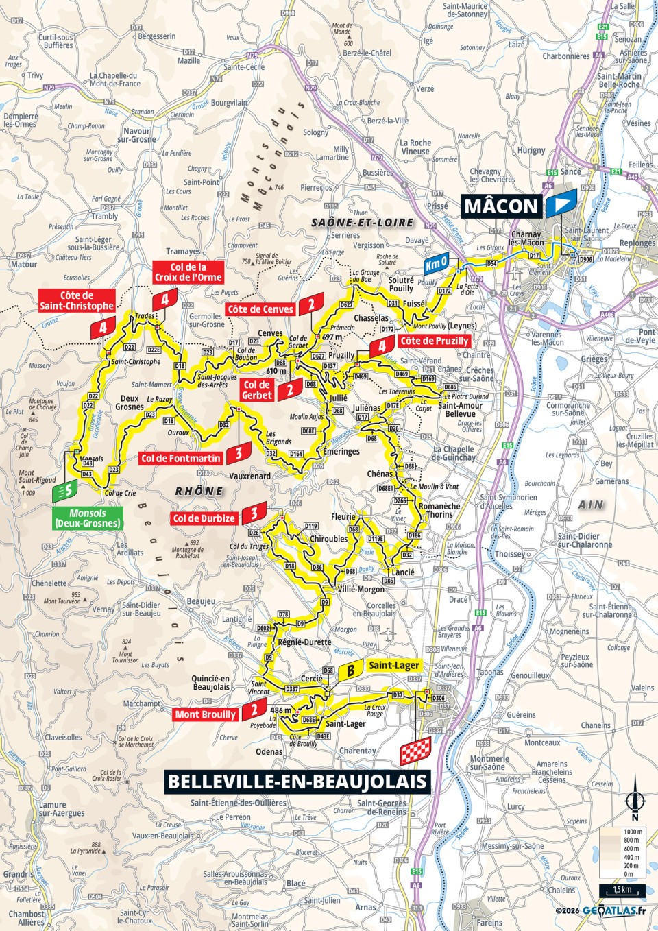 Official Tour de France Femmes 2026 stage 5 map for Mâcon to Belleville-en-Beaujolais.