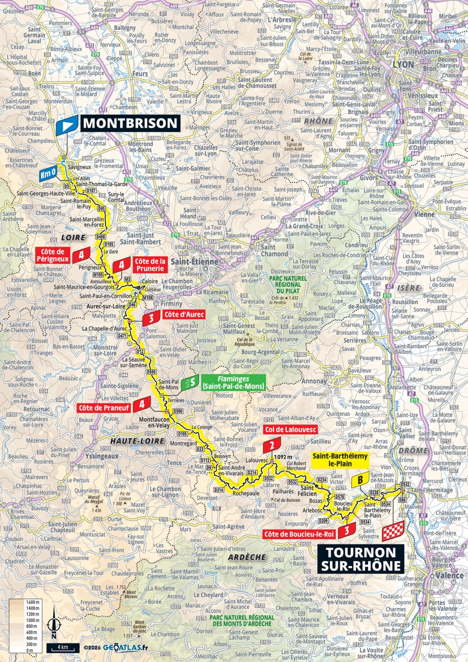 Official Tour de France Femmes 2026 stage 6 map for Montbrison to Tournon-sur-Rhône.