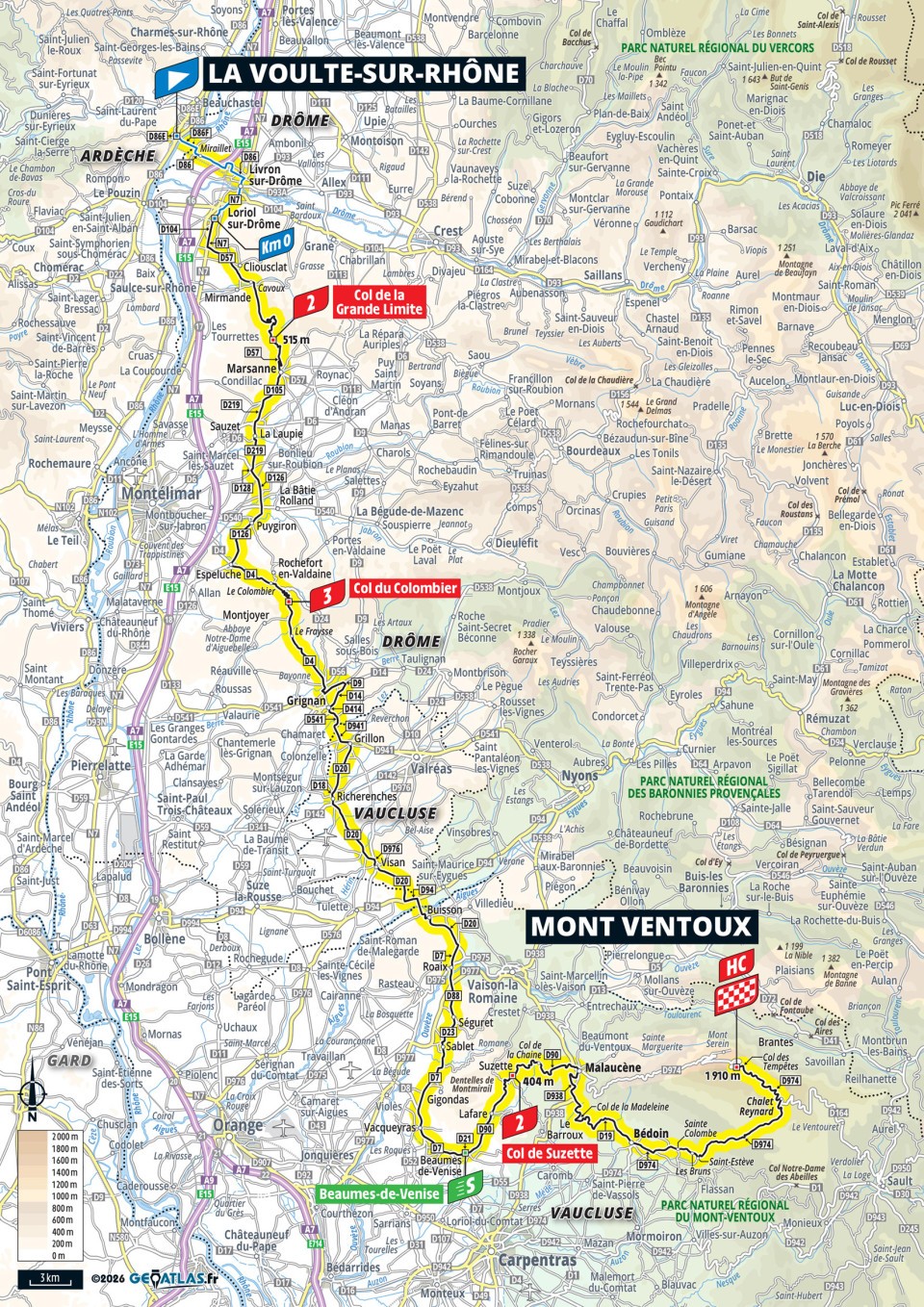 Official Tour de France Femmes 2026 stage 7 map for La Voulte-sur-Rhône to Mont Ventoux.