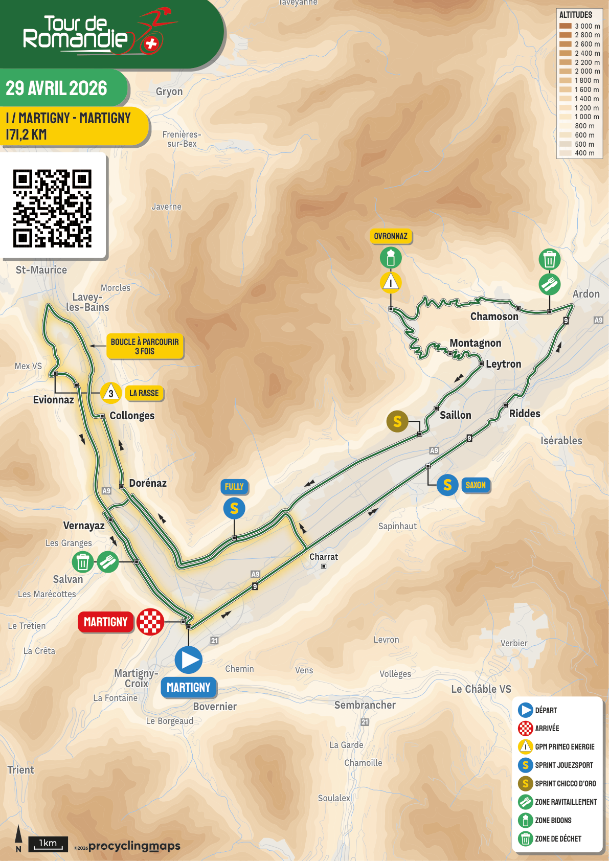 Official Tour de Romandie 2026 stage 1 map for Martigny to Martigny.