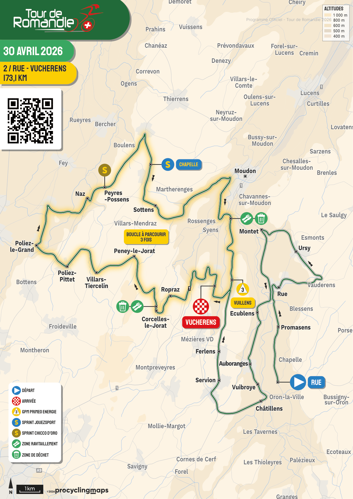 Official Tour de Romandie 2026 stage 2 map for Rue to Vucherens.