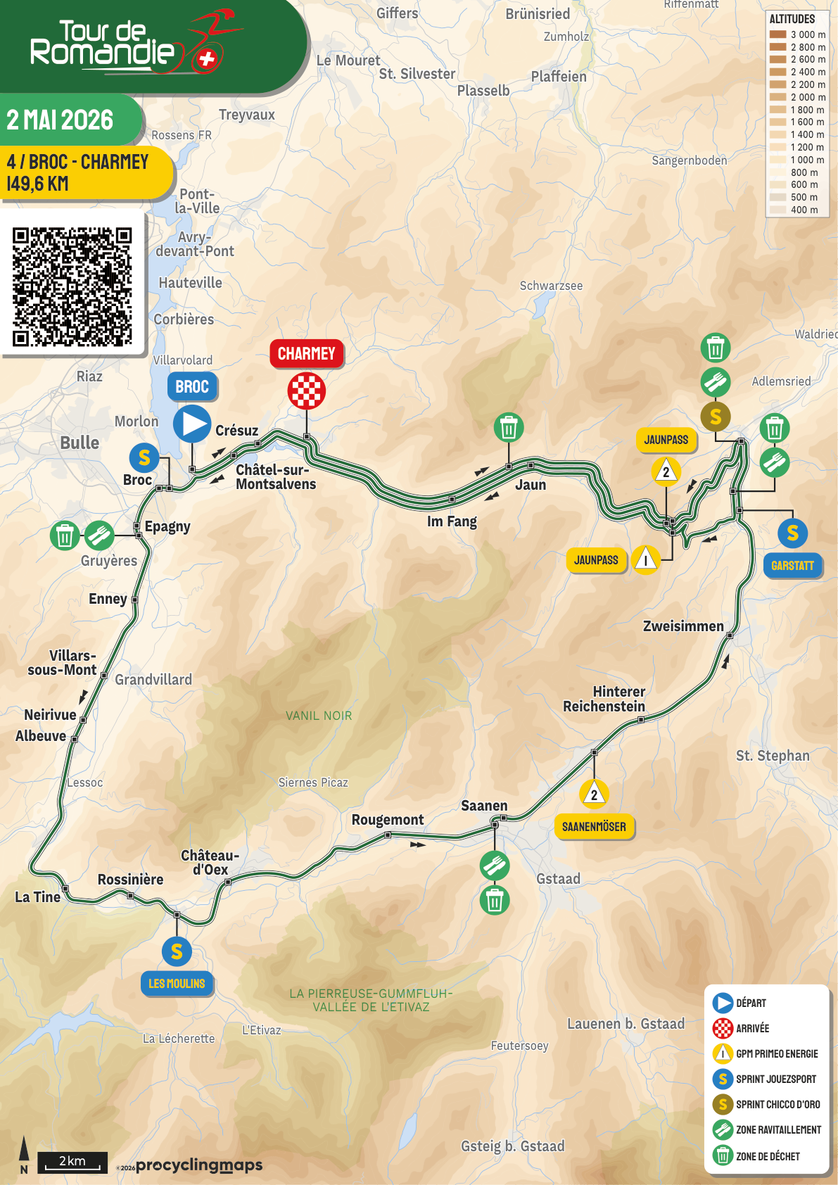 Official Tour de Romandie 2026 stage 4 map for Broc to Charmey.
